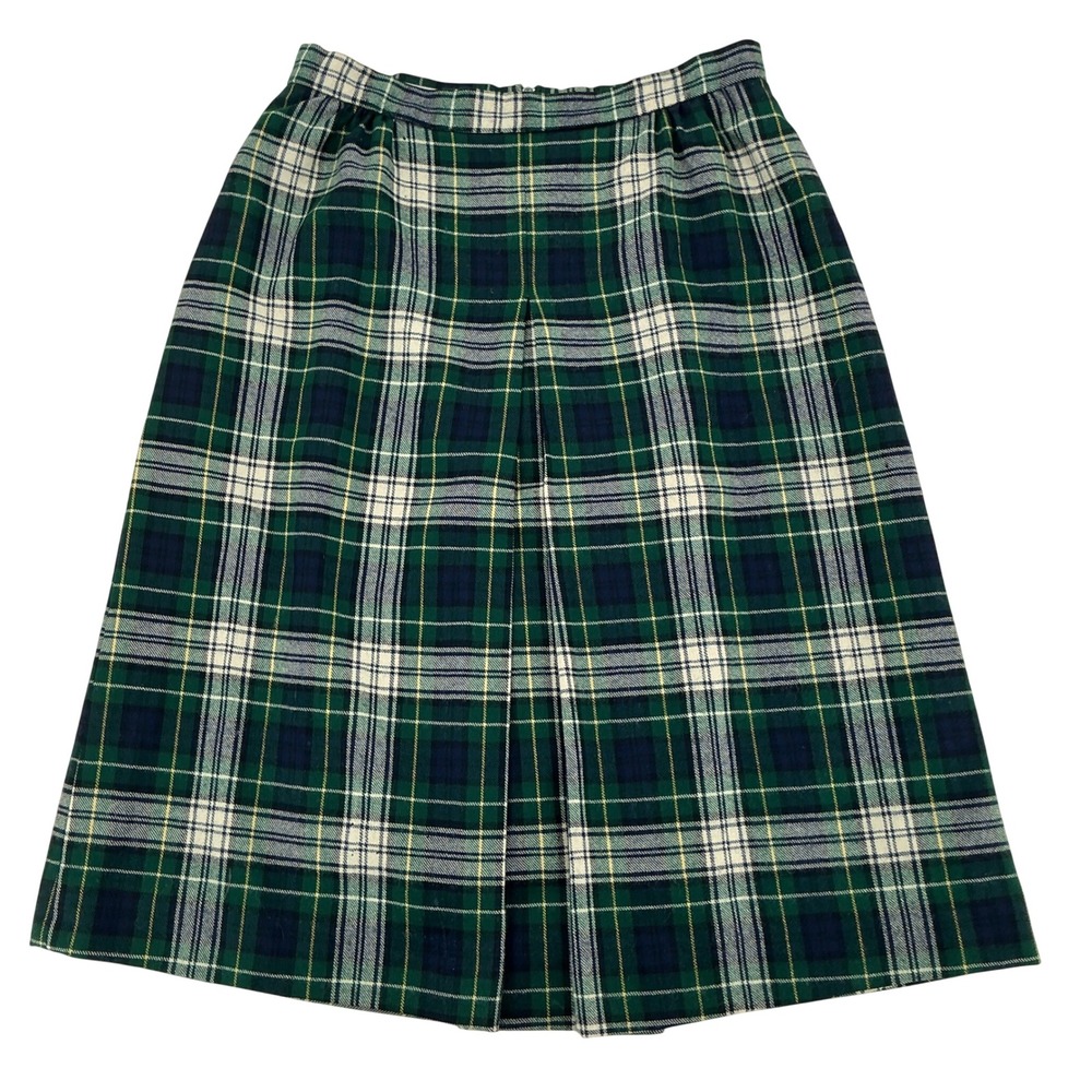 Vintage Pleated Green Tartan Plaid Midi Skirt Womens M Lined Academia Preppy